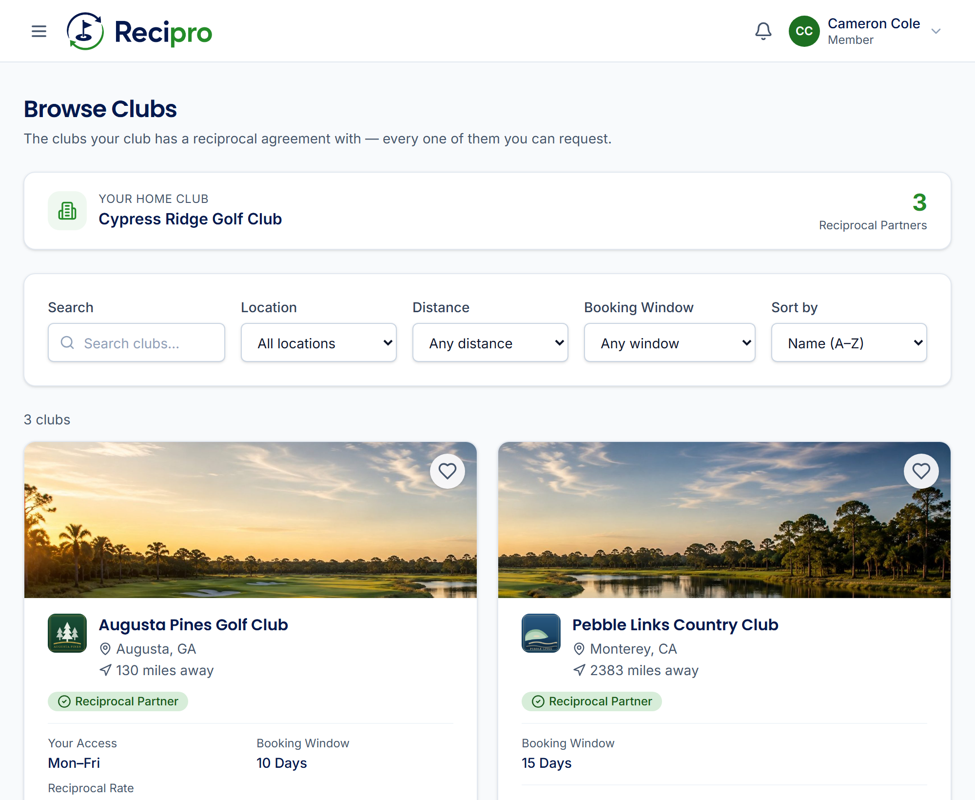 Browsing reciprocal clubs in Recipro, with booking windows and typical response times.