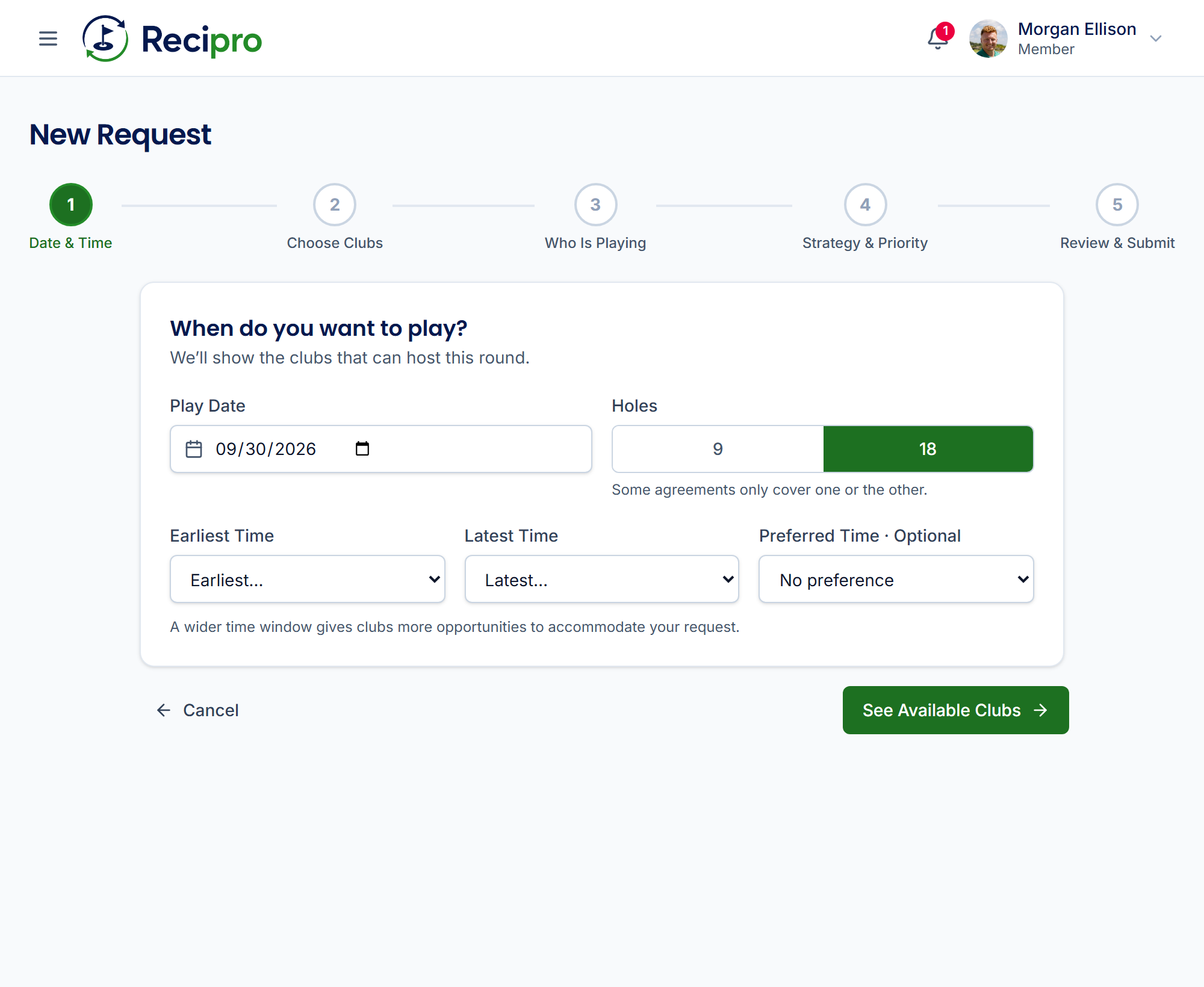 Step one of the Recipro request builder: choosing the play date, round and time window.