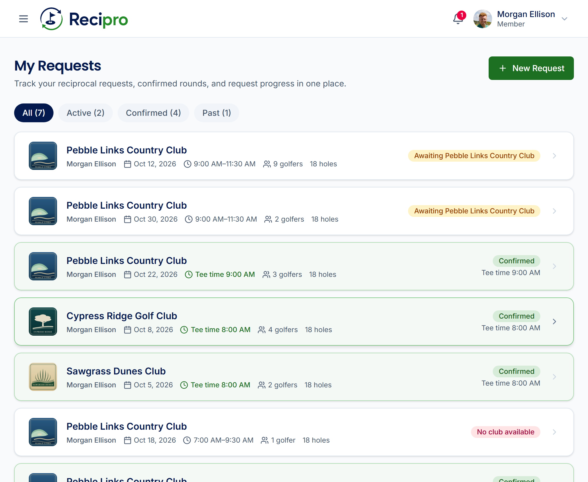 Tracking reciprocal requests in Recipro, each with its current status.