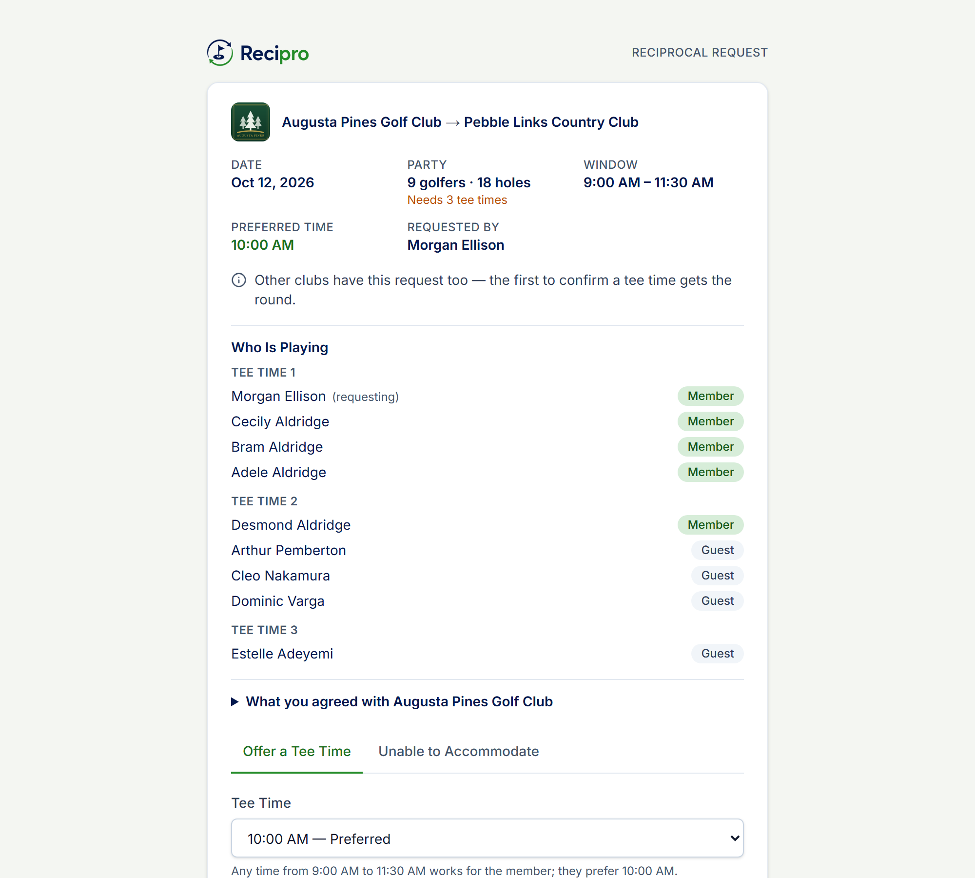 The Recipro response page a non-subscribing club opens from its email: the request details, and a tee time to offer or decline.