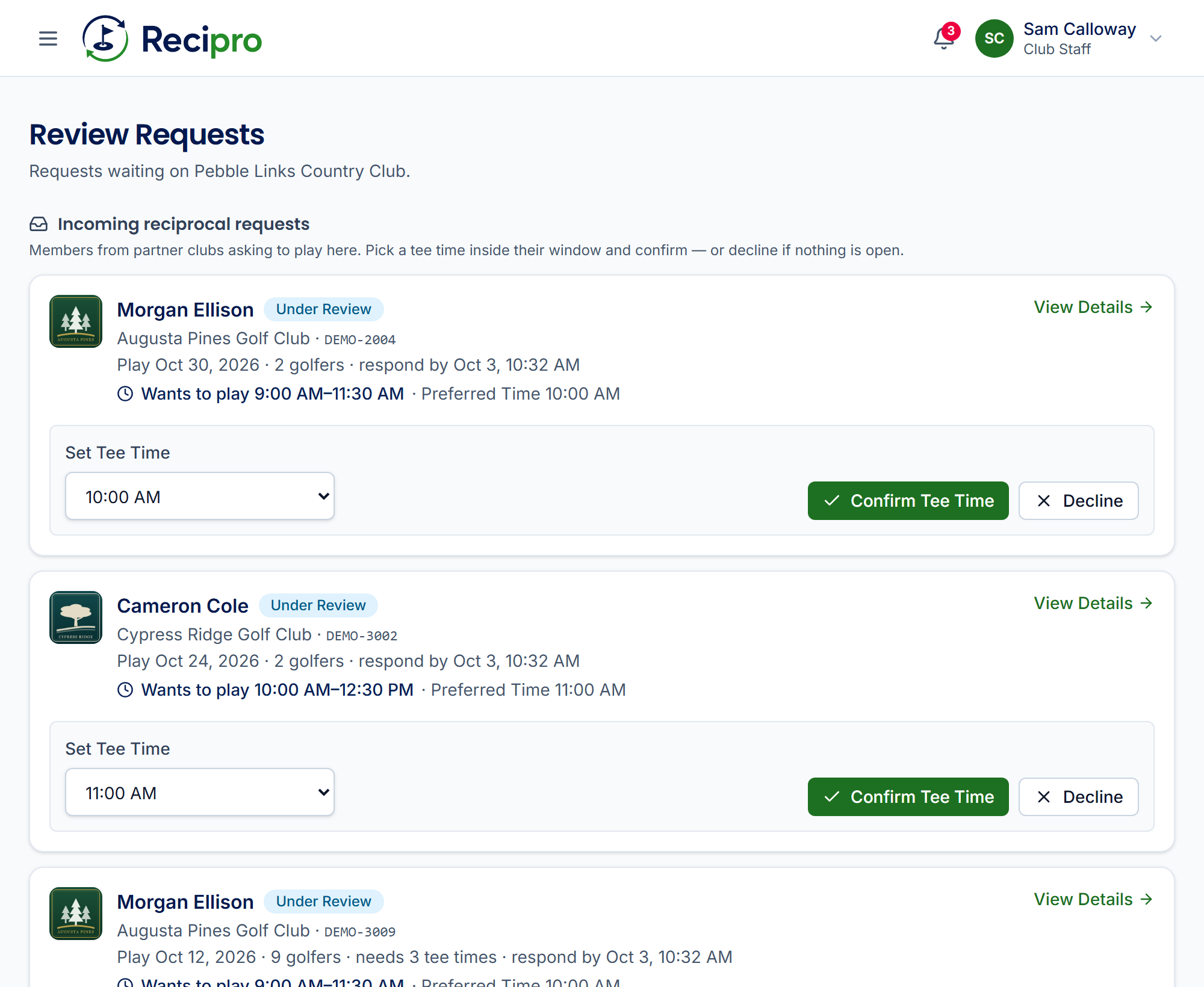 The Recipro review queue, where a golf shop confirms a tee time or declines.